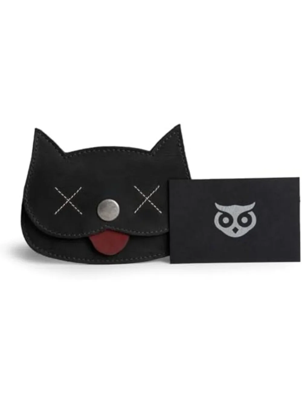 Handmade Cat Shape Wallet - Full Grain Leather, Cute Cartoon Design, Black Color
